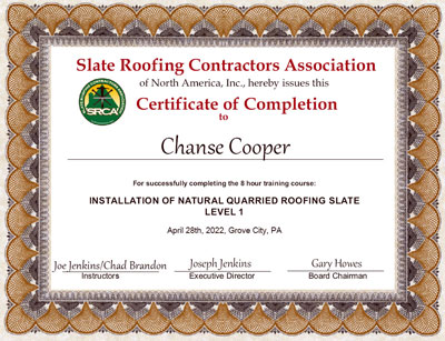 Chanse Cooper Slate Roof Installation Certificate Chanse Cooper Slate Roof Installation Certificate