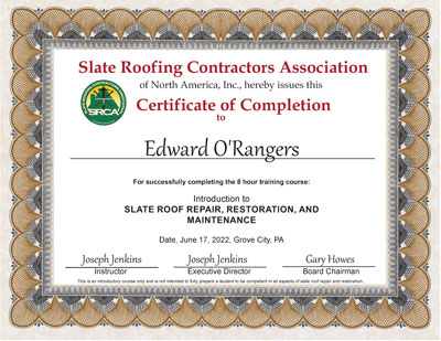Edward Rangers Slate Roof Repair Certificate Edward Rangers Slate Roof Repair Certificate