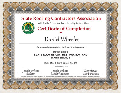 Daniel Wheeles Slate Roof Repair Course Graduate May 1, 2023 Daniel Wheeles Slate Roof Repair Course Graduate May 1, 2023